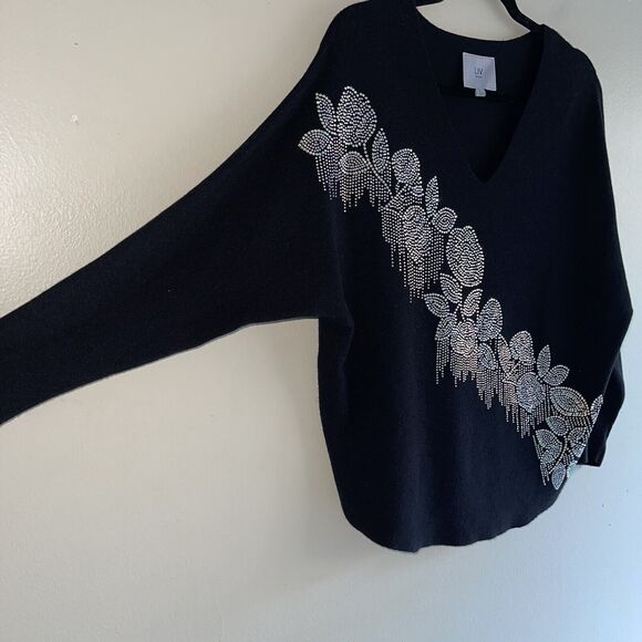 Liv Milano Black Evening Sweater L Top Floral Metallic Beading Knit Lightweight - Picture 2 of 10
